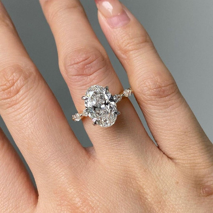 3 Carat Oval Cut Lab Grown Diamond Hidden Halo Engagement Ring, Solitaire With Accent Stone Wedding Ring , 14K Solid Gold Bridal Ring