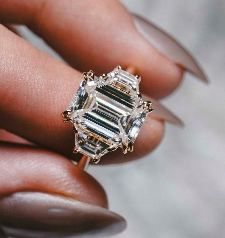 2.50 CT Three Stone Emerald Cut Lab Grown Engagement Ring, Solid Gold Trapezoid Lab Grown Wedding Ring, Promise Ring for Women